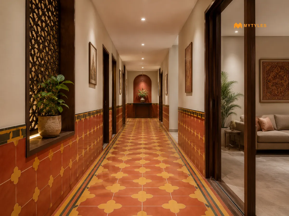 Quiet Patterned Passage with Athangudi Flooring